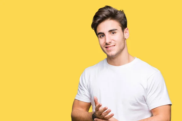 Young Handsome Man Wearing White Shirt Isolated Background Hands Together — Stock Photo, Image