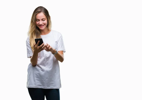 Jonge Mooie Blonde Vrouw Smartphone Geïsoleerde Achtergrond Met Een Blij — Stockfoto