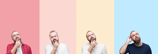 Colagem Jovem Com Barba Sobre Listras Coloridas Fundo Isolado Com — Fotografia de Stock