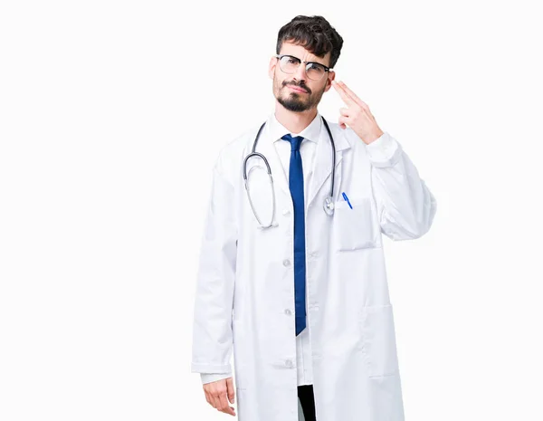 Young Doctor Man Wearing Hospital Coat Isolated Background Shooting Killing — Stock Photo, Image