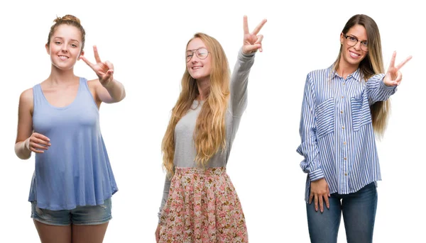 Collage Grupo Mujeres Rubias Sobre Fondo Aislado Sonriendo Mirando Cámara —  Fotos de Stock