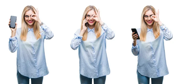 Collage Joven Mujer Negocios Rubia Hermosa Usando Teléfono Inteligente Sobre —  Fotos de Stock