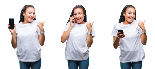 Collage Beautiful African American Woman Using Smartphone Isolated Background Pointing — Stock Photo, Image