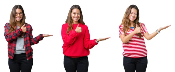 Collage Einer Schönen Jungen Frau Vor Isoliertem Hintergrund Die Die — Stockfoto