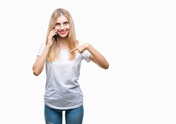 Young Beautiful Blonde Woman Talking Using Smartphone Isolated Background Surprise — Stock Photo, Image