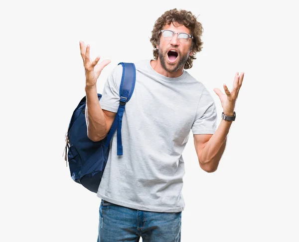 Bonito Estudante Hispânico Vestindo Mochila Óculos Sobre Fundo Isolado Celebrando — Fotografia de Stock