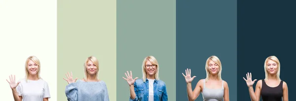 Collage Van Mooie Blonde Vrouw Groene Vintage Geïsoleerde Achtergrond Weergeven — Stockfoto