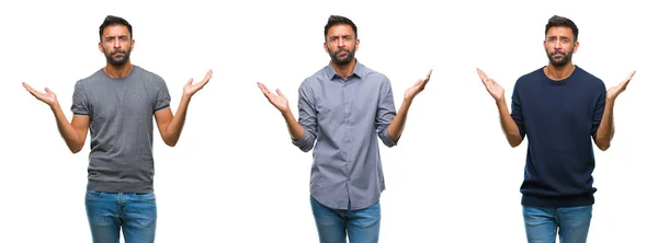 Collage Handsome Young Indian Man Isolated Background Clueless Confused Expression — Stock Photo, Image