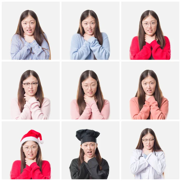 Collage Young Doctor Chef Asian Woman Isolated Background Shouting Suffocate — Stock Photo, Image