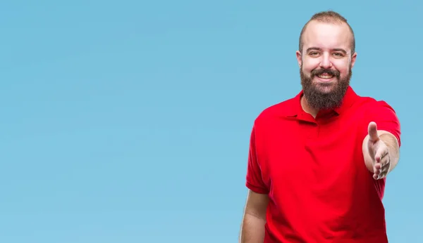 Man Van Jonge Kaukasische Hipster Dragen Rode Shirt Geïsoleerd Achtergrond — Stockfoto