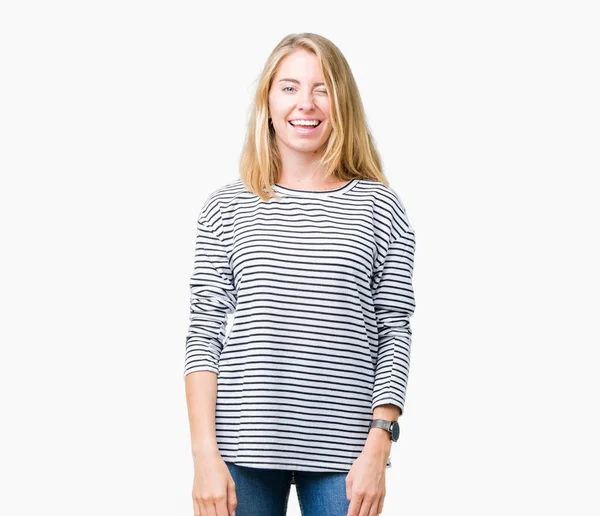 Beautiful Young Woman Wearing Stripes Sweater Isolated Background Winking Looking — Stock Photo, Image