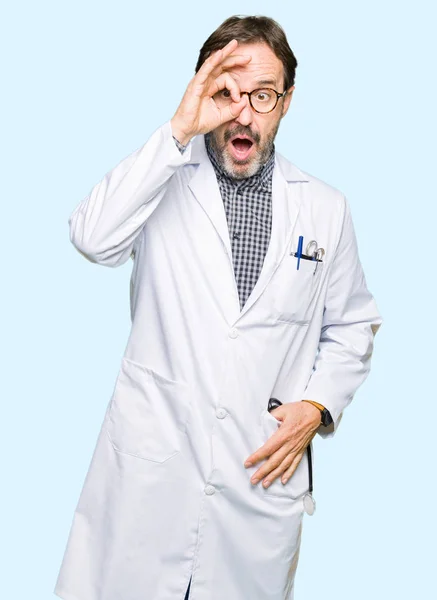 Middle Age Doctor Men Wearing Medical Coat Doing Gesture Shocked — Stock Photo, Image