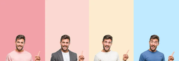 Collage Eines Gutaussehenden Jungen Mannes Über Bunten Streifen Isolierten Hintergrund — Stockfoto