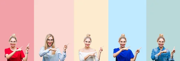 Collage Hermosa Mujer Rubia Sobre Rayas Colores Fondo Aislado Sonriendo —  Fotos de Stock