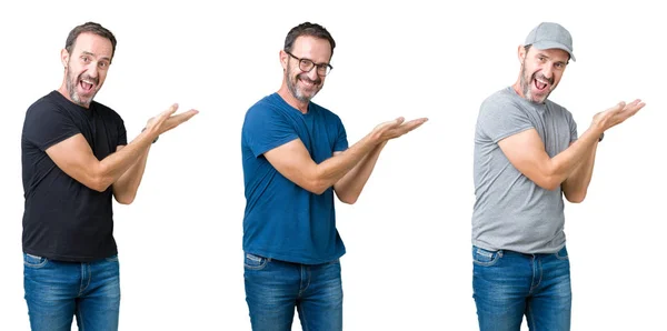 Colagem Homem Sênior Bonito Sobre Fundo Isolado Branco Apontando Para — Fotografia de Stock