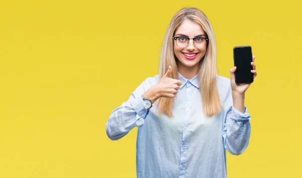 Joven Hermosa Rubia Mujer Negocios Que Muestra Pantalla Del Teléfono —  Fotos de Stock