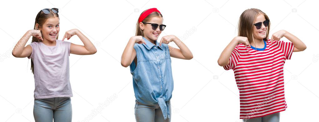 Collage of young little girl kid wearing sunglasses over isolated background looking confident with smile on face, pointing oneself with fingers proud and happy.
