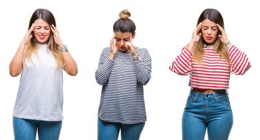 Genç güzel kadın kolaj izole arka plan baş baş ağrısı için el ile çünkü stres. Migren muzdarip.