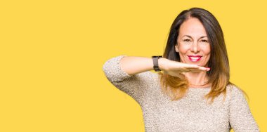 Moda kazak eller eller büyük gösterilen ve büyük boy işareti, ölçü birimi sembolü ile giyen güzel orta yaş kadın. Kameraya bakarak gülümsüyordu. Ölçüm kavramı.