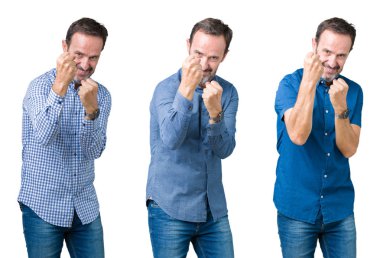 Kolaj yakışıklı komuta sizde üzerinde beyaz bir arka plan yumruk savunma hareketi, kızgın ve üzgün yüz, sorunu korkuyor ile savaşmaya hazır izole