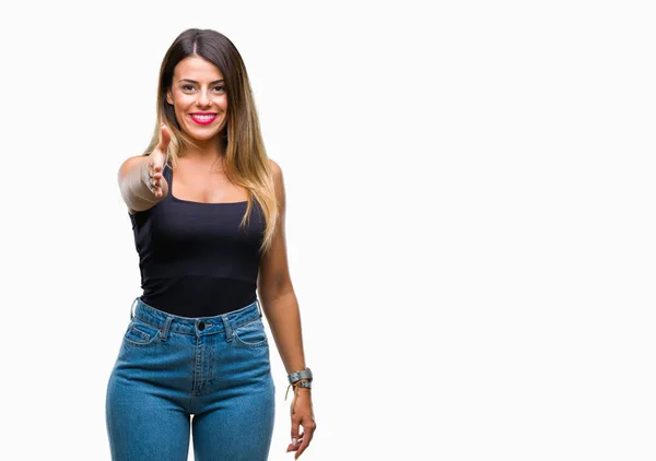 Joven Hermosa Mujer Sobre Fondo Aislado Sonriendo Amistoso Ofreciendo Apretón — Foto de Stock