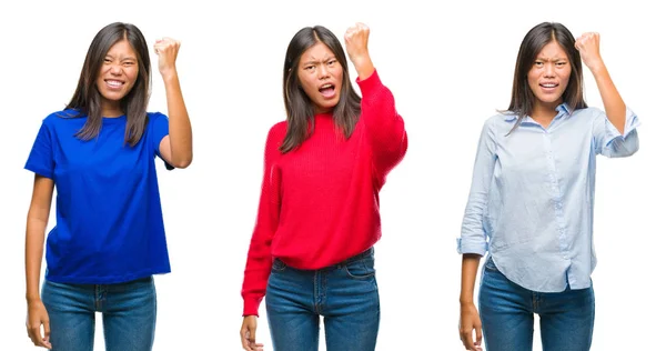 Collage Mujer Joven Asiática Pie Sobre Fondo Blanco Aislado Enojado —  Fotos de Stock