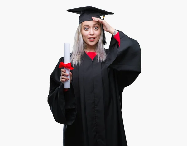 Young Blonde Woman Wearing Graduate Uniform Holding Degree Isolated Background — Stock Photo, Image