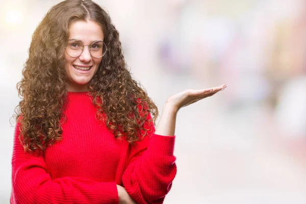 Beautiful Brunette Curly Hair Young Girl Wearing Glasses Winter Sweater — Stock Photo, Image