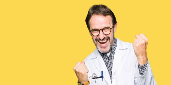 Middle Age Doctor Men Wearing Medical Coat Very Happy Excited — Stock Photo, Image