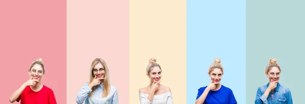 Collage Hermosa Mujer Rubia Sobre Rayas Colores Fondo Aislado Mirando —  Fotos de Stock