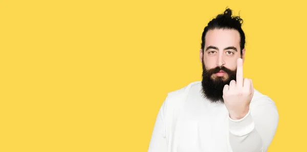 Young Hipster Man Long Hair Beard Wearing Sporty Sweatshirt Showing — Stock Photo, Image