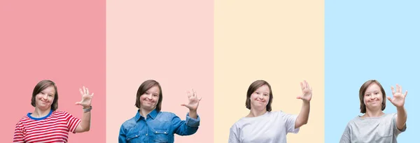 Collage Van Syndroom Vrouw Kleurrijke Strepen Geïsoleerde Achtergrond Weergeven Met — Stockfoto