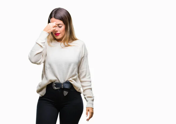 Young Beautiful Woman Casual White Sweater Isolated Background Tired Rubbing — Stock Photo, Image