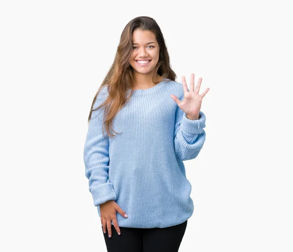 Young Beautiful Brunette Woman Wearing Blue Winter Sweater Isolated Background — Stock Photo, Image