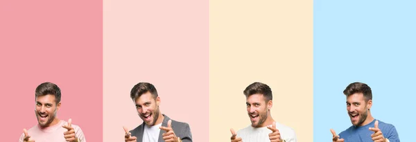 Collage Von Gut Aussehenden Jungen Mann Über Bunten Streifen Isolierten — Stockfoto
