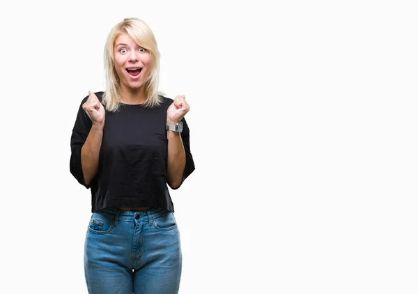 Giovane Bella Donna Bionda Sfondo Isolato Che Celebra Sorpreso Stupito — Foto Stock