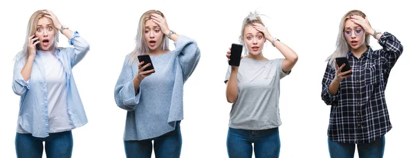 Collage Beautiful Blonde Young Woman Using Smartphone Isolated Background Stressed — Stock Photo, Image