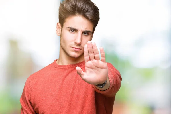 Jonge Knappe Man Geïsoleerde Achtergrond Stop Doen Zingen Met Palm — Stockfoto