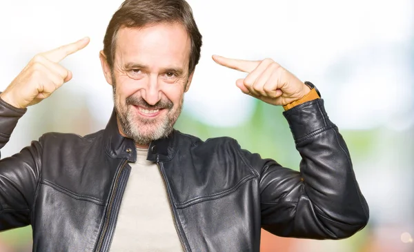 Middle Age Handsome Man Wearing Black Leather Jacket Smiling Pointing — Stock Photo, Image