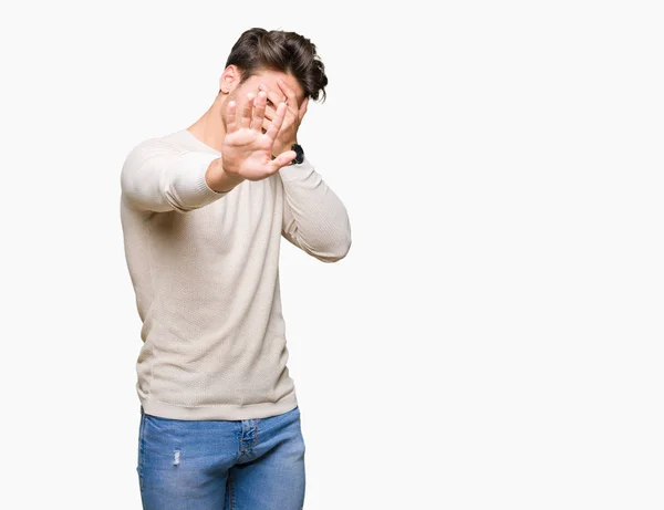 Young Handsome Man Isolated Background Covering Eyes Hands Doing Stop — Stock Photo, Image