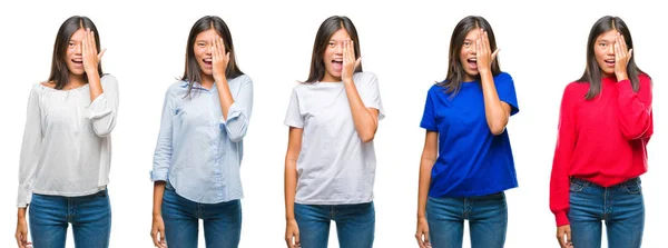 Skład Chiński Asian Kobieta Białym Tle Obejmujące Jedno Oko Ręką — Zdjęcie stockowe
