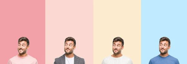 Collage Handsome Young Man Colorful Stripes Isolated Background Smiling Looking — Stock Photo, Image