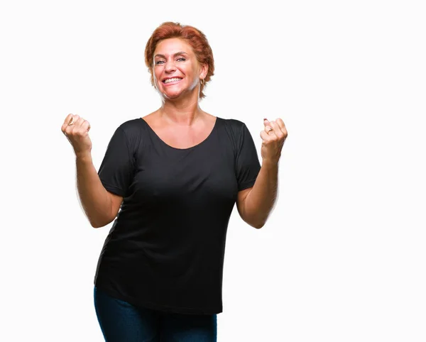 Atrractive Üst Düzey Beyaz Kızıl Saçlı Kadın Kutluyor Izole Arka — Stok fotoğraf