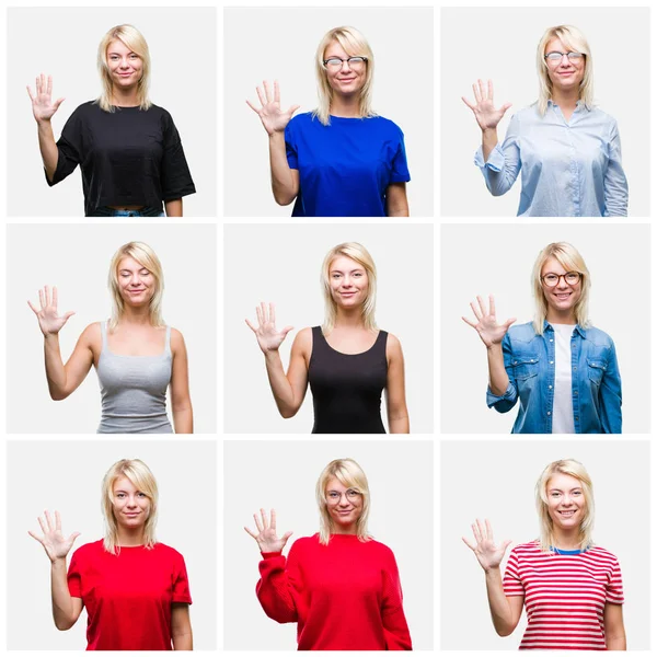 Collage Vacker Blond Kvinna Bär Differents Casual Ser Över Isolerade — Stockfoto