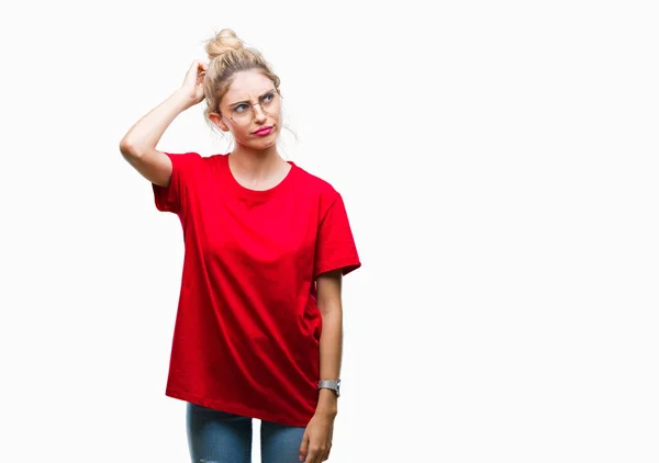 Młoda Piękna Kobieta Blonde Noszenie Czerwony Shirt Okulary Białym Tle — Zdjęcie stockowe