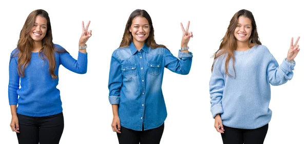 Collage Van Mooie Jonge Vrouw Geïsoleerde Achtergrond Glimlachend Met Blij — Stockfoto