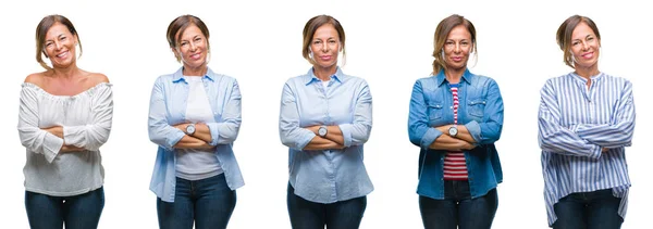 Collage Mujer Hispana Mediana Edad Sobre Fondo Aislado Rostro Feliz — Foto de Stock