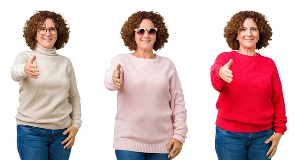 Collage Einer Seniorin Mittleren Alters Die Einen Winterpullover Über Weißem — Stockfoto