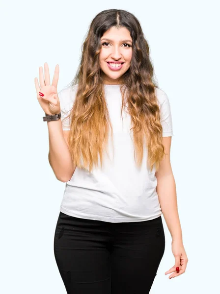 Jovem Bela Mulher Vestindo Casual Branco Shirt Mostrando Apontando Para — Fotografia de Stock