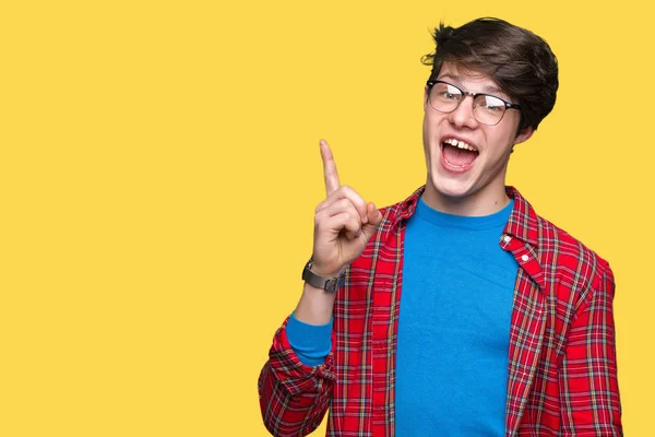 Junger Gutaussehender Student Mit Brille Vor Isoliertem Hintergrund Der Mit — Stockfoto